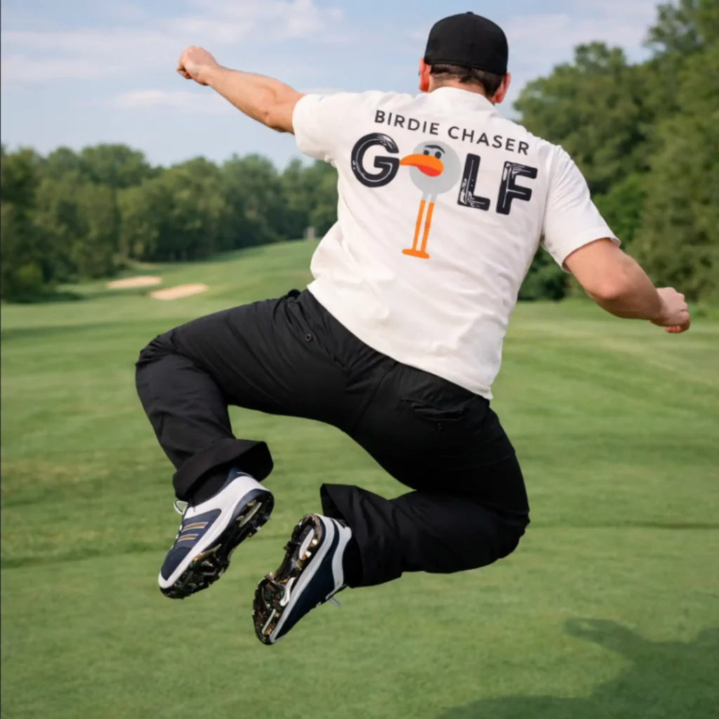 Golfer jumping mid-air on a golf course wearing the cream Birdie Chaser Core Style 2 t-shirt showing the back GOLF graphic