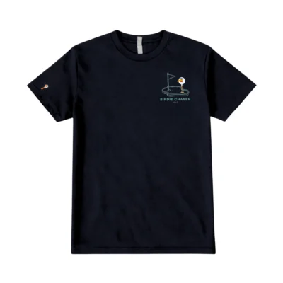 Front view of black Birdie Chaser Subscriber Exclusive t-shirt with Gurdy mascot on putting green chest graphic and small Gurdy on right sleeve