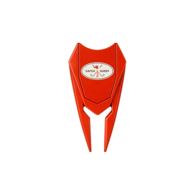 Front view of Birdie Chaser orange metal divot repair tool with CATCH GURDY emblem and crossed golf clubs design