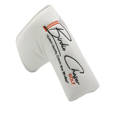Front view of Birdie Chaser white leather blade putter headcover with Birdie Chaser script, orange GOLF text, and Gurdy mascot embroidery