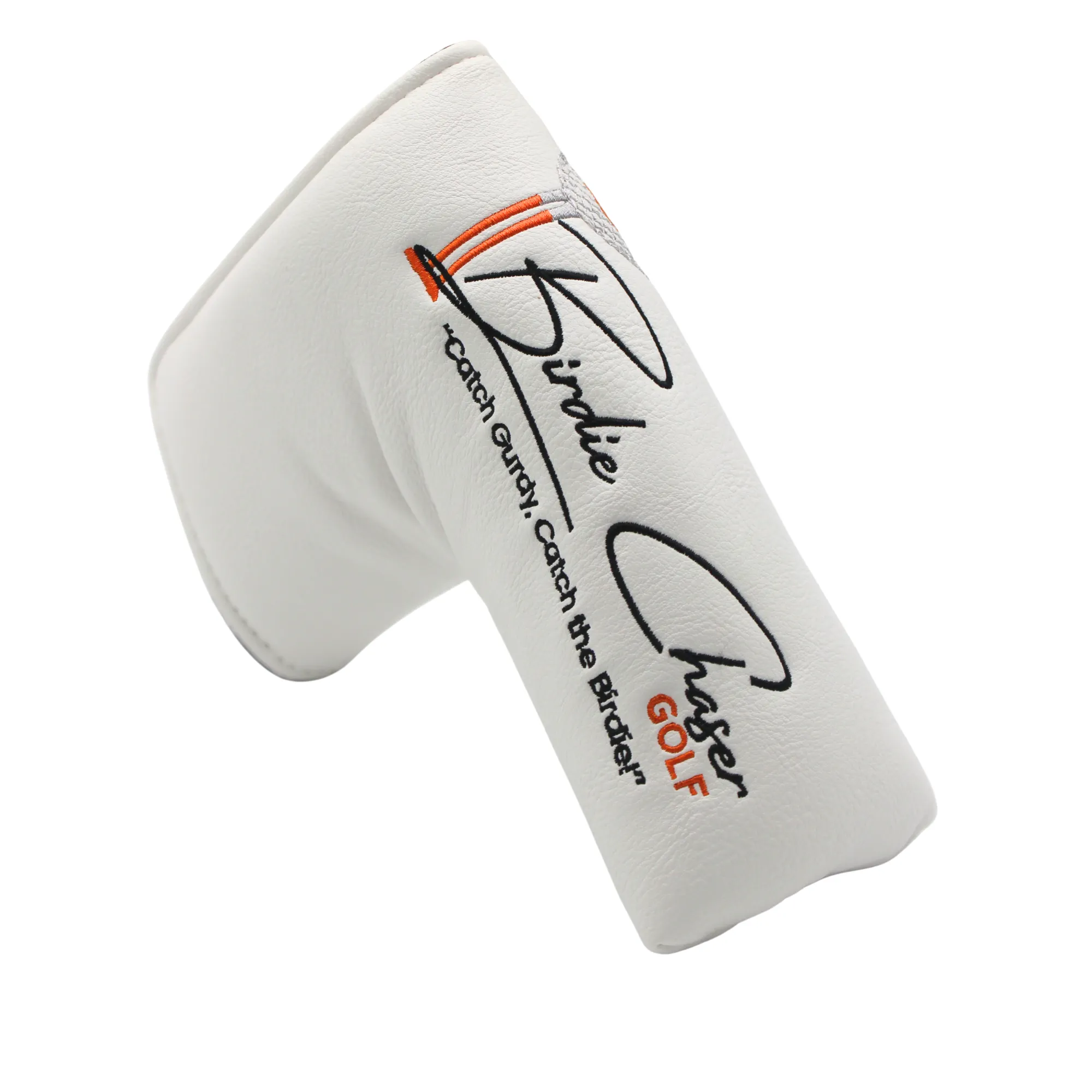 Front view of Birdie Chaser white leather blade putter headcover with Birdie Chaser script, orange GOLF text, and Gurdy mascot embroidery