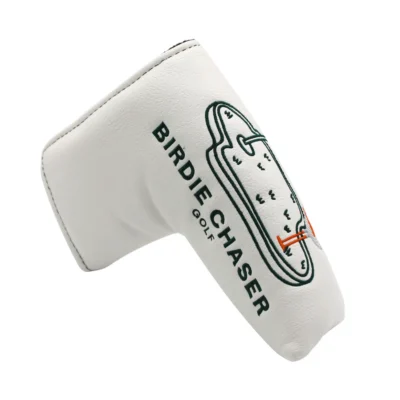 Front view of Birdie Chaser subscriber white leather blade putter headcover with dark green BIRDIE CHASER GOLF text and embroidered putting-green scene with Gurdy mascot