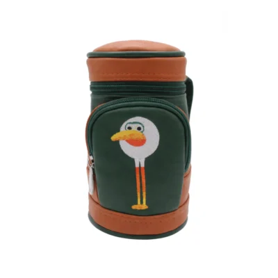 Front view of Birdie Chaser dark green leather valuables pouch with tan leather accents, green zipper, and large embroidered Gurdy mascot on front