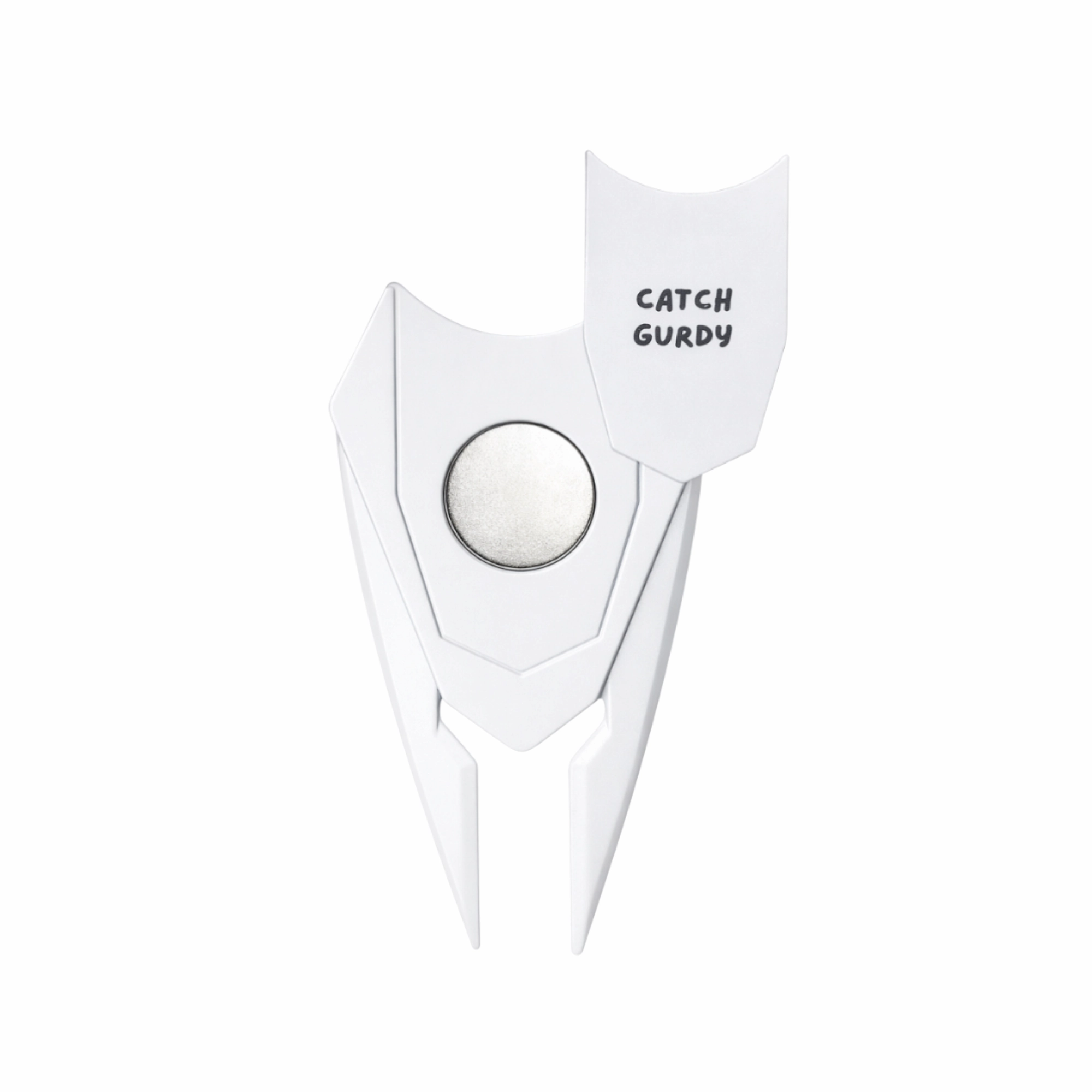 Close-up of Birdie Chaser white divot tool body showing shield facets and branding