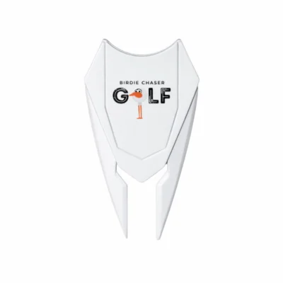 Front view of Birdie Chaser white metal divot repair tool with shield-shaped head displaying BIRDIE CHASER GOLF text with Gurdy mascot replacing the O