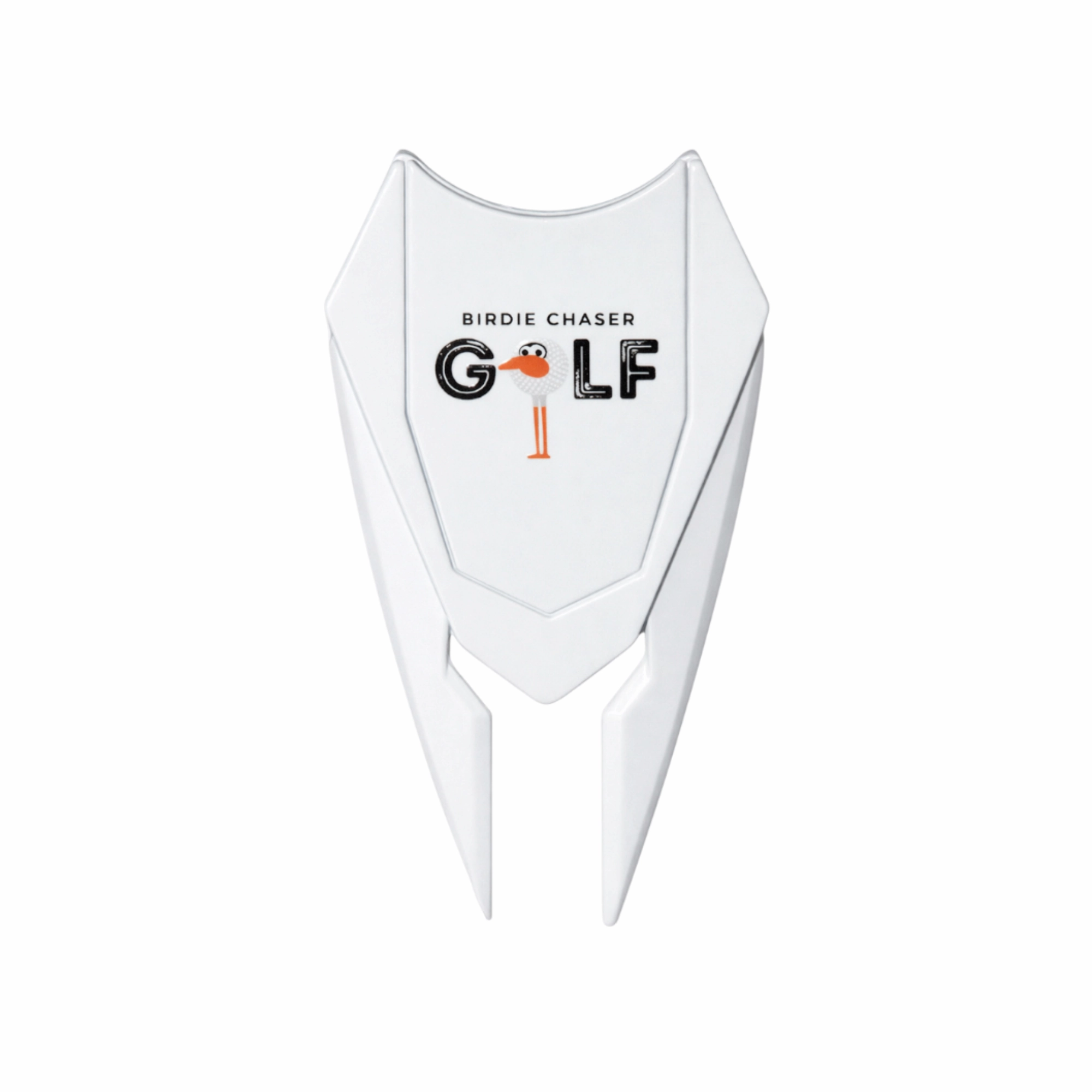 Front view of Birdie Chaser white metal divot repair tool with shield-shaped head displaying BIRDIE CHASER GOLF text with Gurdy mascot replacing the O