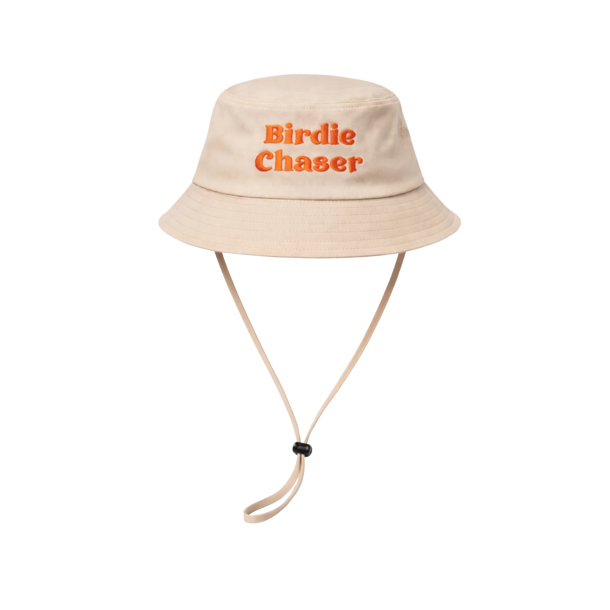 Front view of Birdie Chaser tan bucket hat with embroidered Gurdy logo