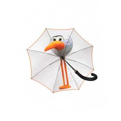 Front view of open Birdie Chaser golf umbrella with Gurdy mascot canopy design
