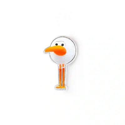 Front view of Birdie Chaser Gurdy enamel pin with golf ball mascot design