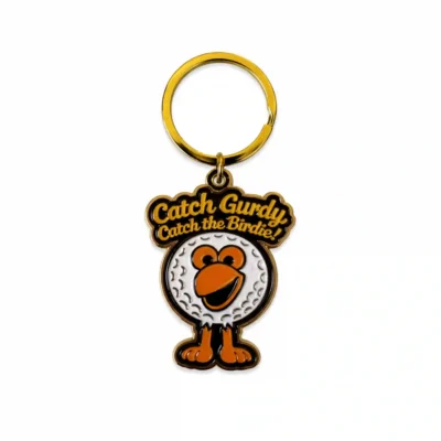 Front view of Birdie Chaser gold metal Gurdy keychain with golf ball head design