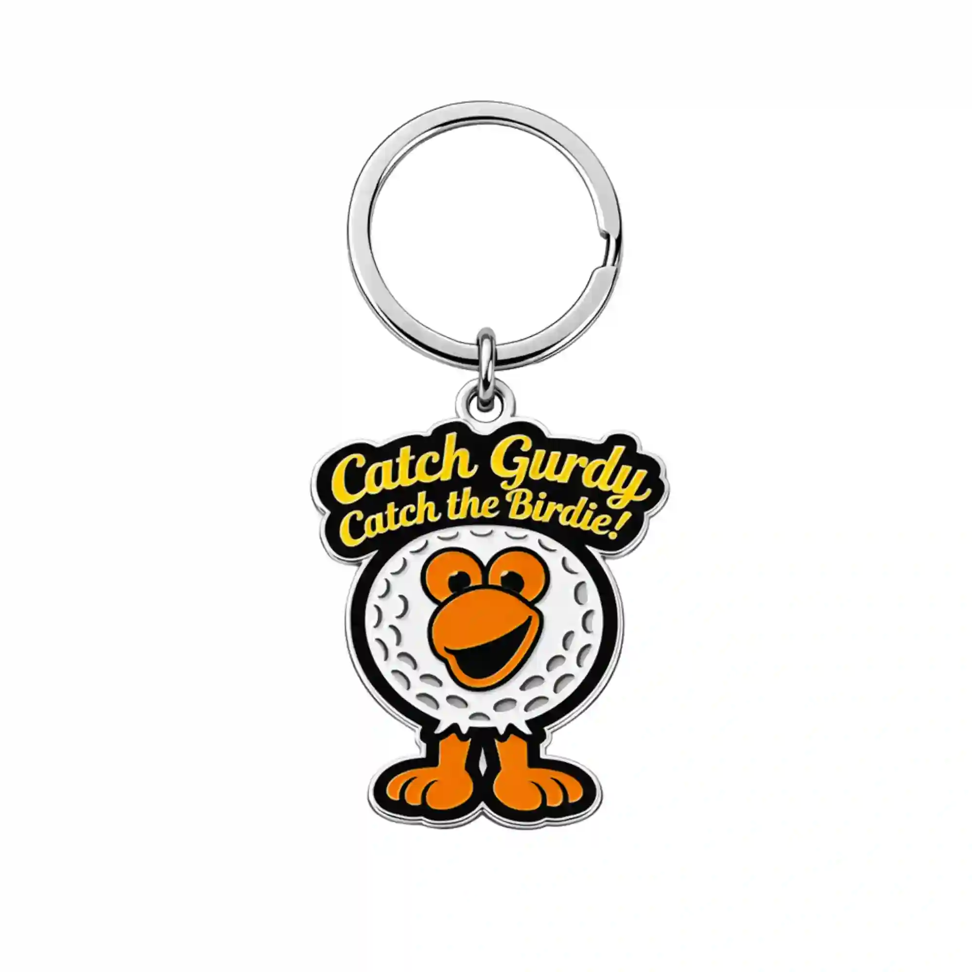 Front view of Birdie Chaser silver metal Gurdy keychain with golf ball head design