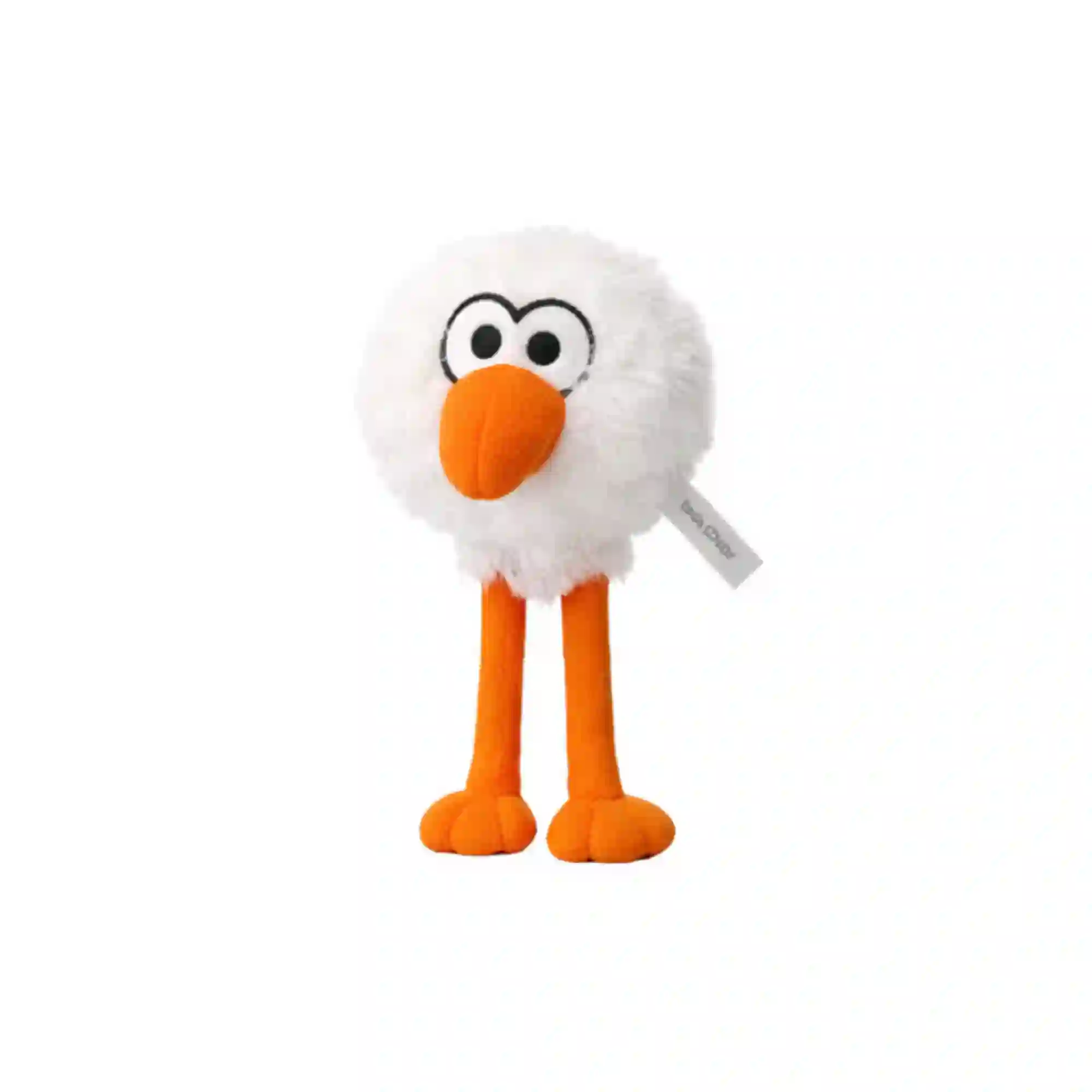 Front of Birdie Chaser Gurdy plush: fuzzy white golf-ball head, big eyes, orange beak and legs
