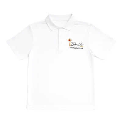 Front view of white Birdie Chaser core style polo shirt with script logo on chest