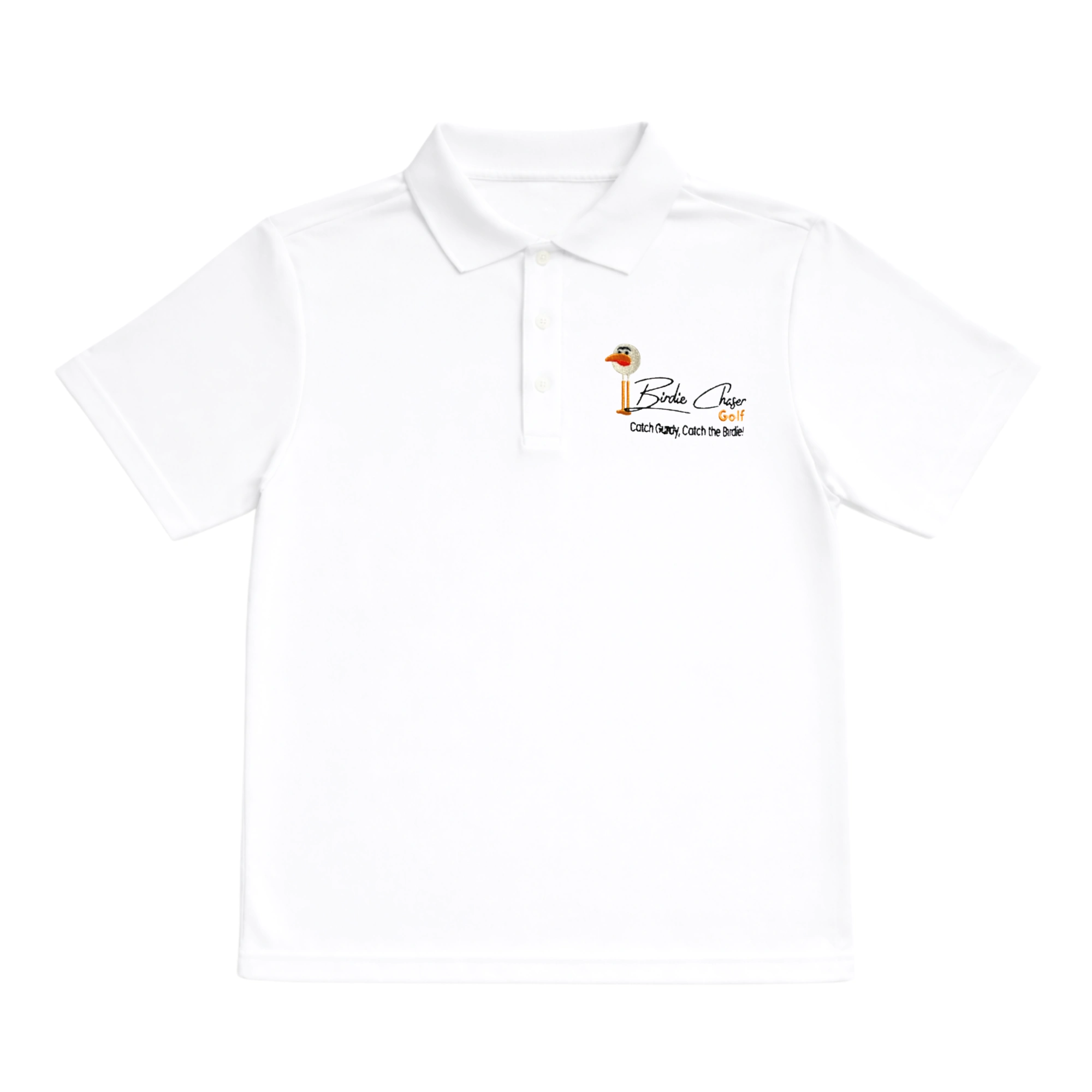 Front view of white Birdie Chaser core style polo shirt with script logo on chest