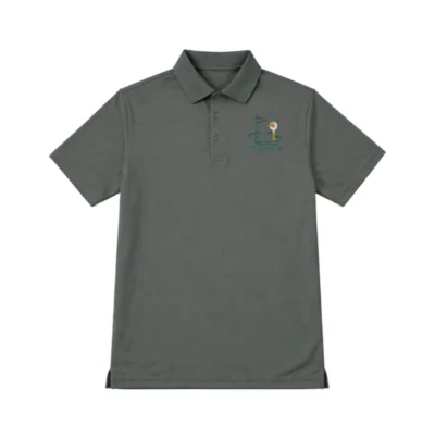 Front view of charcoal Birdie Chaser subscriber exclusive polo with Gurdy embroidery