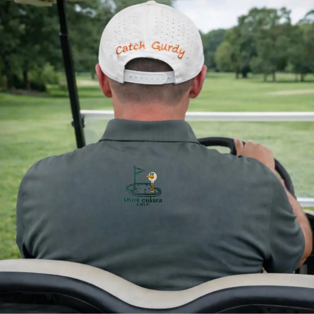 Birdie Chaser subscriber exclusive polo worn in a golf lifestyle setting