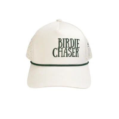 Front view of Birdie Chaser core rope hat with embroidered logo and rope accent