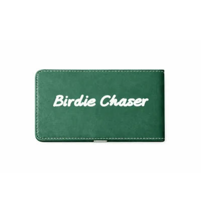 Front view of Birdie Chaser scorecard holder with Gurdy mascot cover design