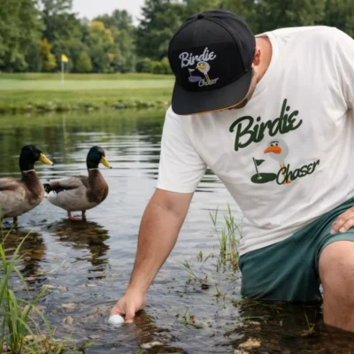 Golfer wearing white Birdie Chaser t-shirt on the course