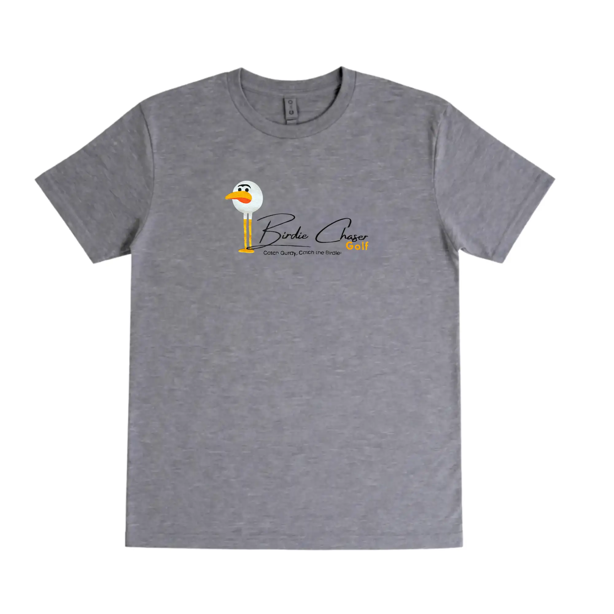 Front of heather gray Birdie Chaser tee with Gurdy golf-ball mascot and "Birdie Chaser Golf" script logo on the chest