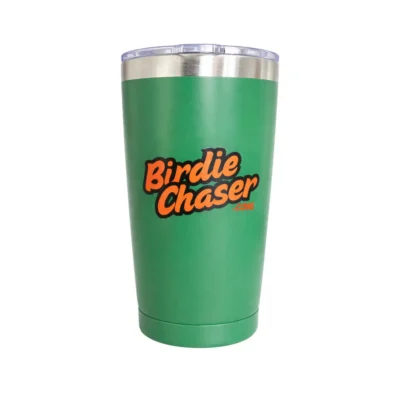 Front view of Birdie Chaser dark forest green subscriber tumbler with Gurdy logo