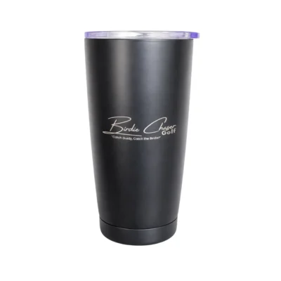 Front view of Birdie Chaser matte black tumbler with engraved Gurdy logo