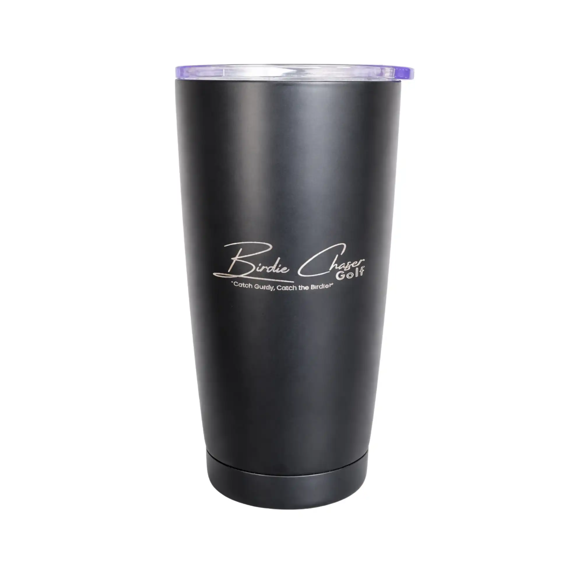 Front view of Birdie Chaser matte black tumbler with engraved Gurdy logo