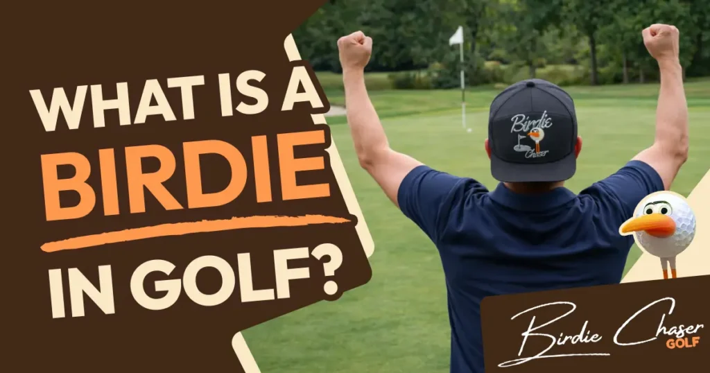 A golfer seen from behind with arms raised in celebration on a golf course green, wearing the Birdie Chaser Hat #3 in black with orange brim