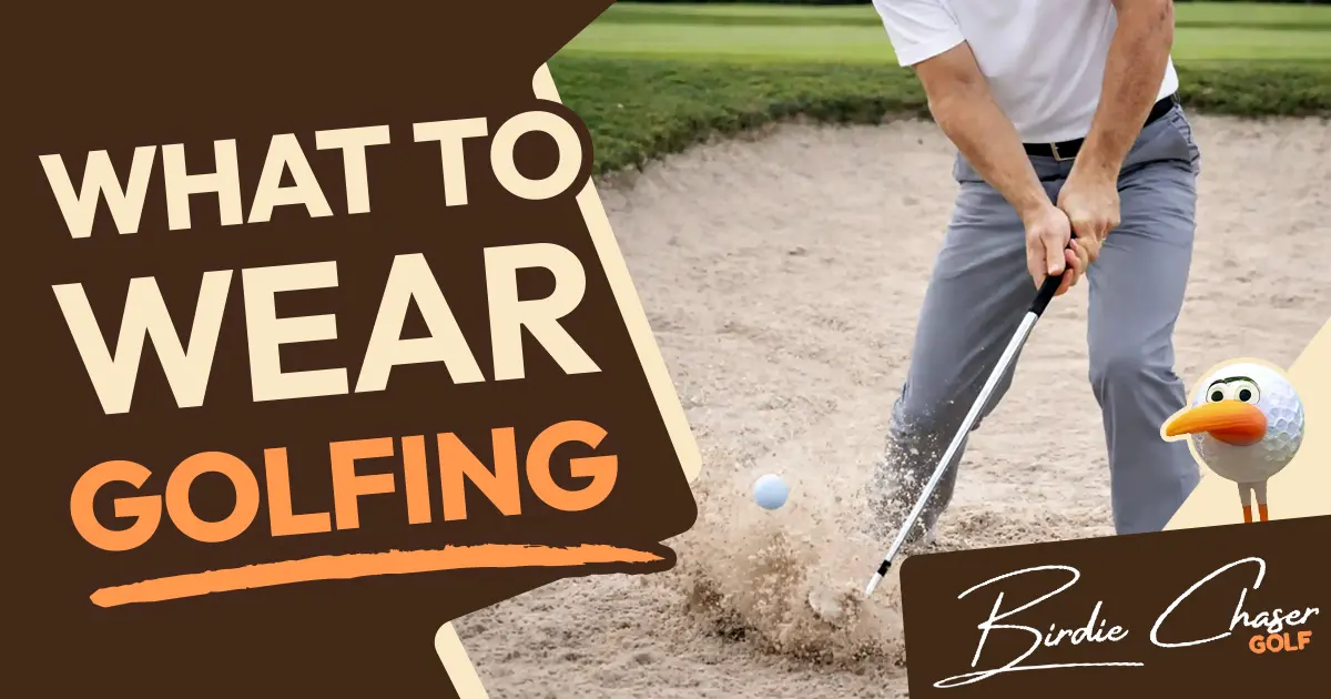 A golfer hitting a bunker shot wearing gray golf pants and the Birdie Chaser Polo Core Style in white