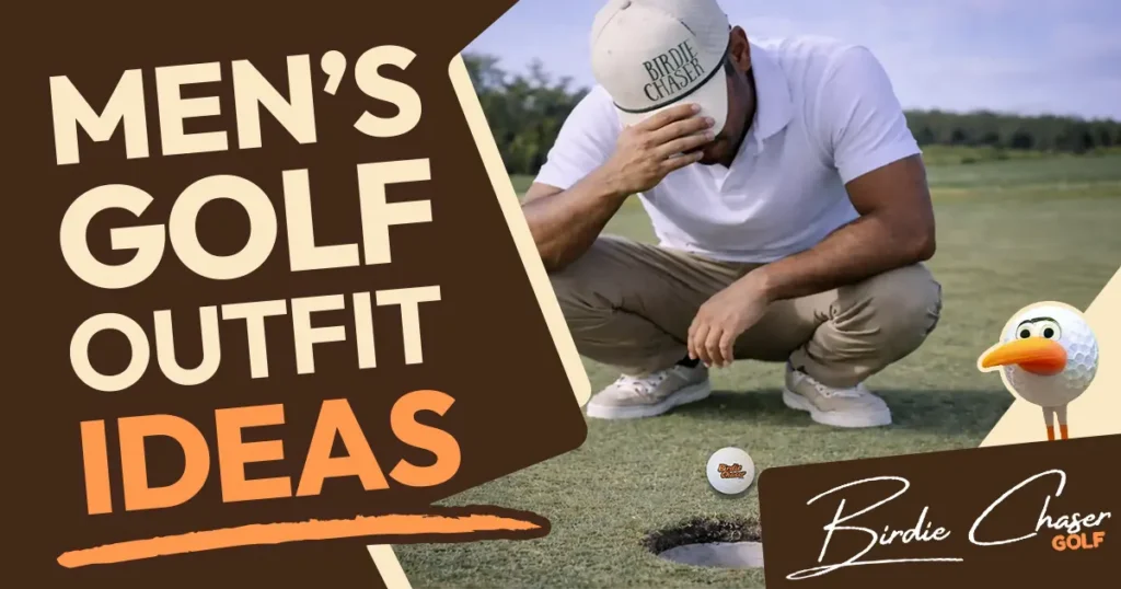 A man golfer crouching to read a putt on a golf course green wearing a white polo shirt, khaki pants, and a Birdie Chaser cap