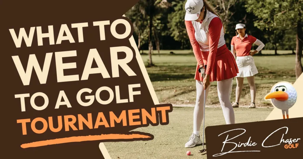 Two women golfers on a golf course, one putting in a red long-sleeve top, red skort, white leggings, and a cap