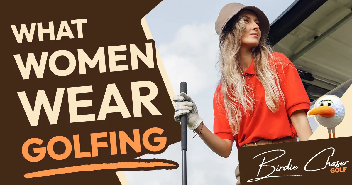 A woman golfer holding a club in a red polo shirt and bucket hat on a golf course