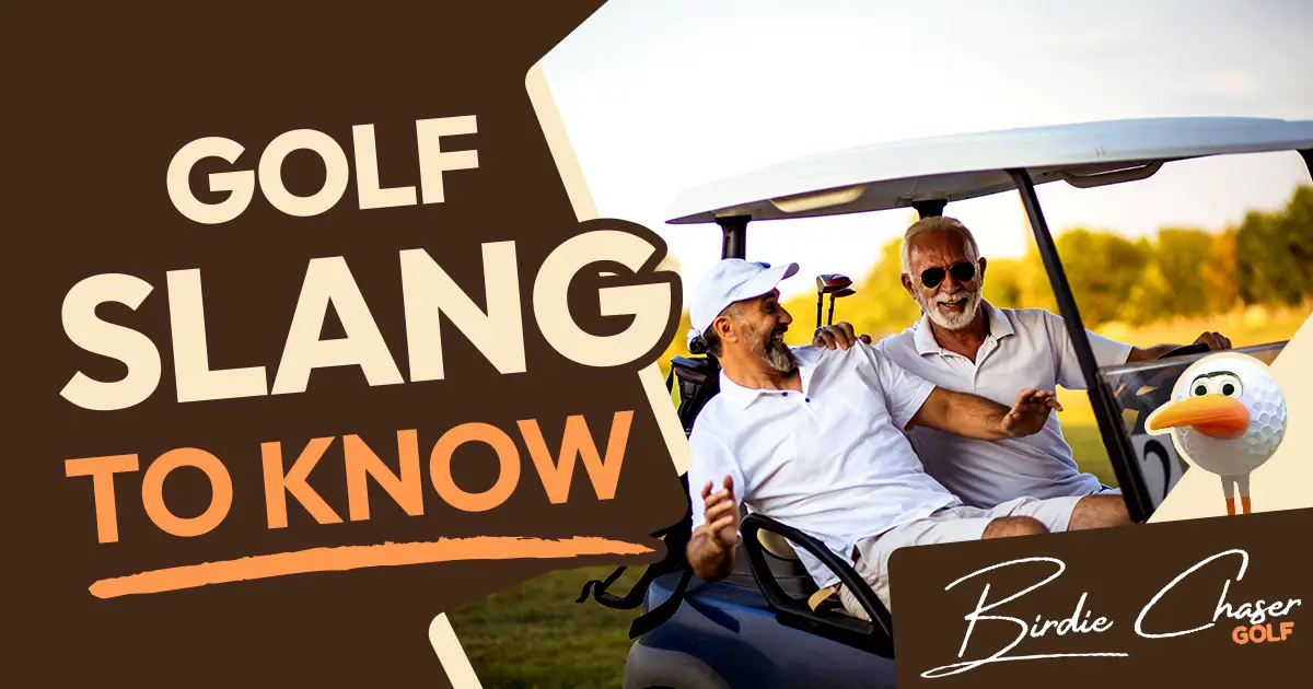 Two older men laughing together in a golf cart on a course at golden hour, with the title "Golf Slang to Know" and the Birdie Chaser Golf logo and mascot