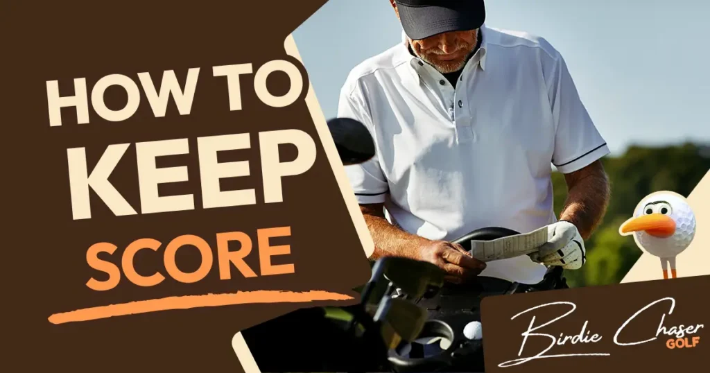 Golfer in a cap and white polo marking a scorecard beside his clubs on the course, with the title "How to Keep Score" and the Birdie Chaser Golf logo and mascot